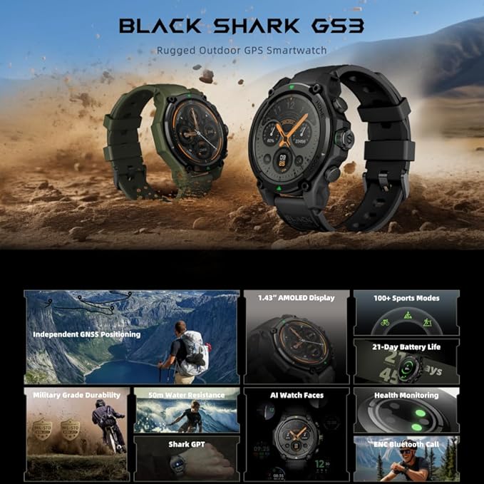 ساعة Black Shark GS3 الرياضية الخارجية مع GPS وشاشة AMOLED مقاس 1.43 بوصة وبطارية حتى 21 يوم – أسود