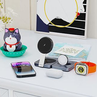 Powerology 3-in-1 Foldable Magnetic Wireless Charging Stand with Qi2 15W Fast Charging – Dark Gray