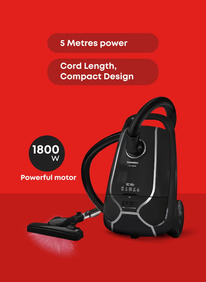 Tornado Vacuum Cleaner 1800 Watt Hepa Filter Black Tvc-1800Eb