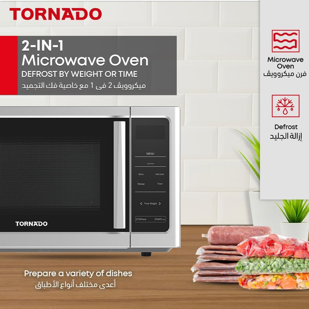 Tornado 25L Digital Solo Microwave Oven 850W Power 10 Power Levels Touch Control Panel 8 Auto Menus Twds-25-S-E