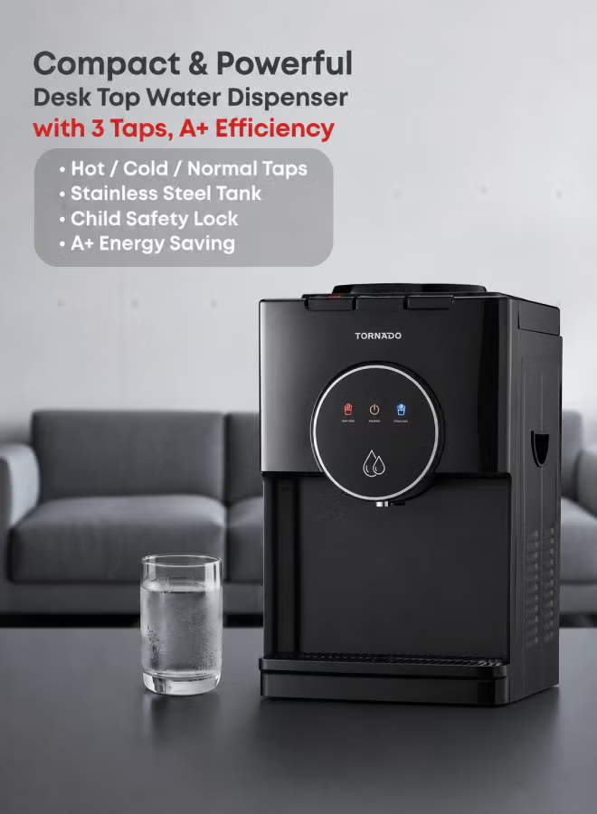 Tornado Countertop Desk Top Water Dispenser Hot Cold & Normal 3 Taps Top Loading Stainless Steel Tank TWD-L3TBE-B