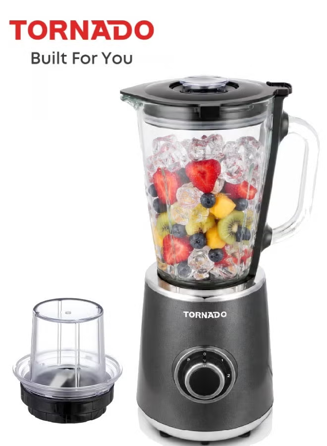 Tornado 1.5L Glass Jar Blender 500W Motor 2 Speeds & Pulse Control Stainless Steel Blades For Ice Crushing Grey - Tbl9003-Gs