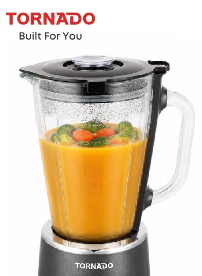 Tornado 1.5L Glass Jar Blender 500W Motor 2 Speeds & Pulse Control Stainless Steel Blades For Ice Crushing Grey - Tbl9003-Gs