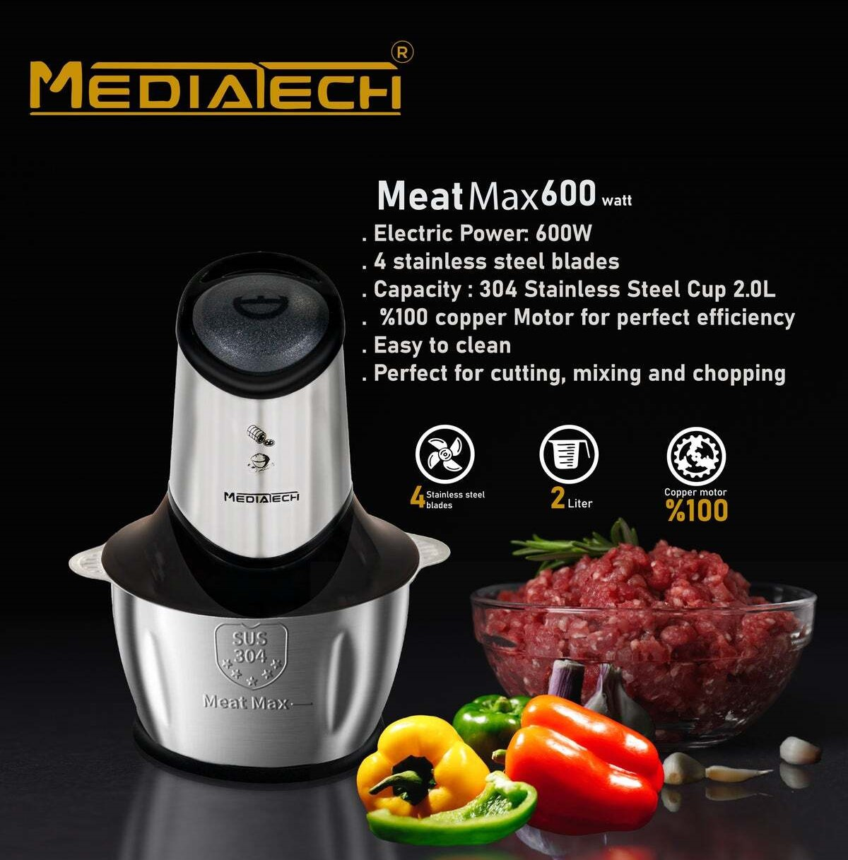 Mediatech Mediatech Food Chopper | 2.0L Stainless Steel Bowl 4 Stainless Steel