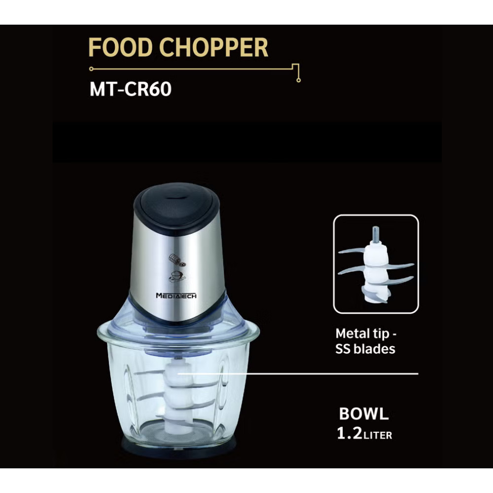 Mediatech Food Chopper | 1.2L Stainless Steel Bowl  | 6 Stainless Steel Blades