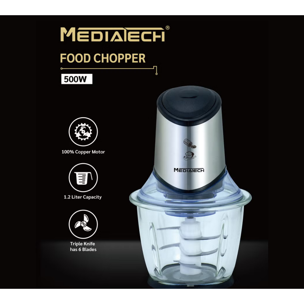 Mediatech Food Chopper | 1.2L Stainless Steel Bowl  | 6 Stainless Steel Blades