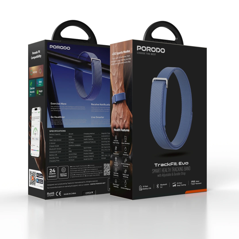 Porodo TrackFit Evo Smart Health Tracking Band with Adjustable & Durable Strap BLUE