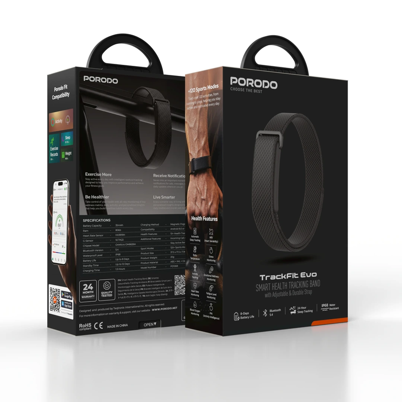 Porodo TrackFit Evo Smart Health Tracking Band with Adjustable & Durable Strap BLACK