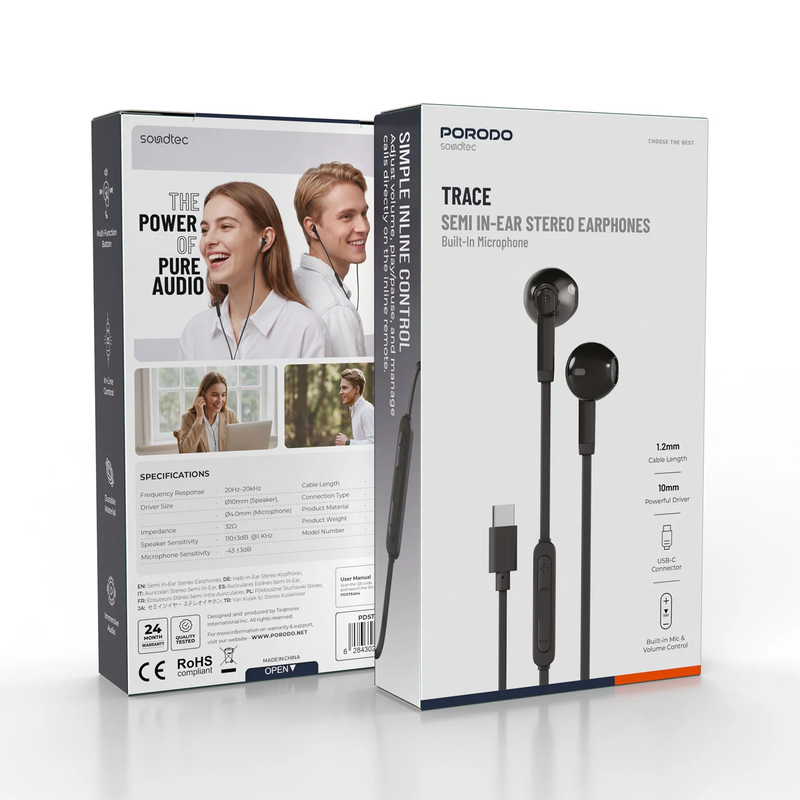 Porodo Soundtec Wired Type C Semi In Ear Earphone with Mic - Black