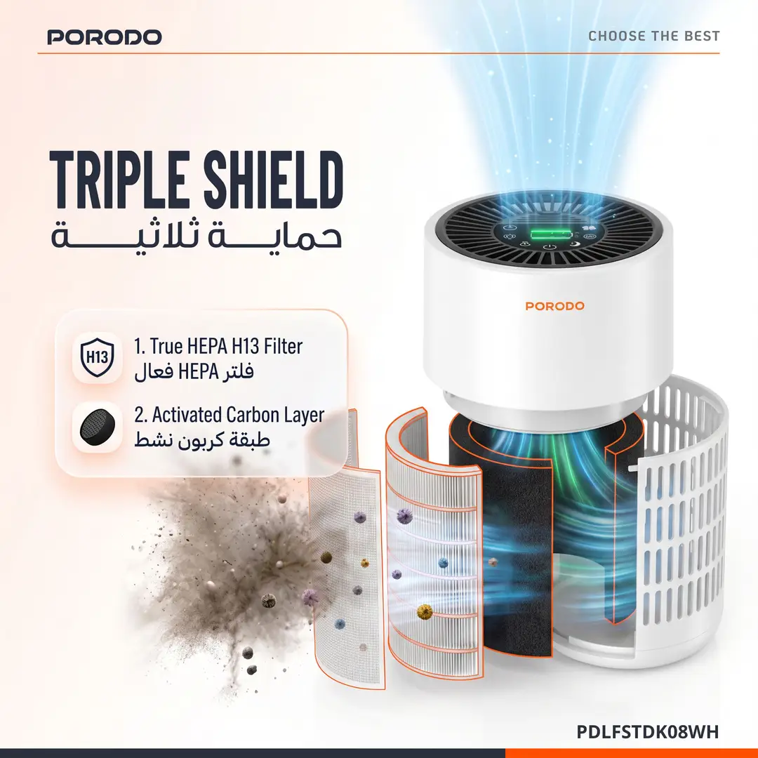 Porodo Lifestyle Compact Air Purifier with H13 HEPA Filtration Remote Control & Essential Oil Diffuser - White