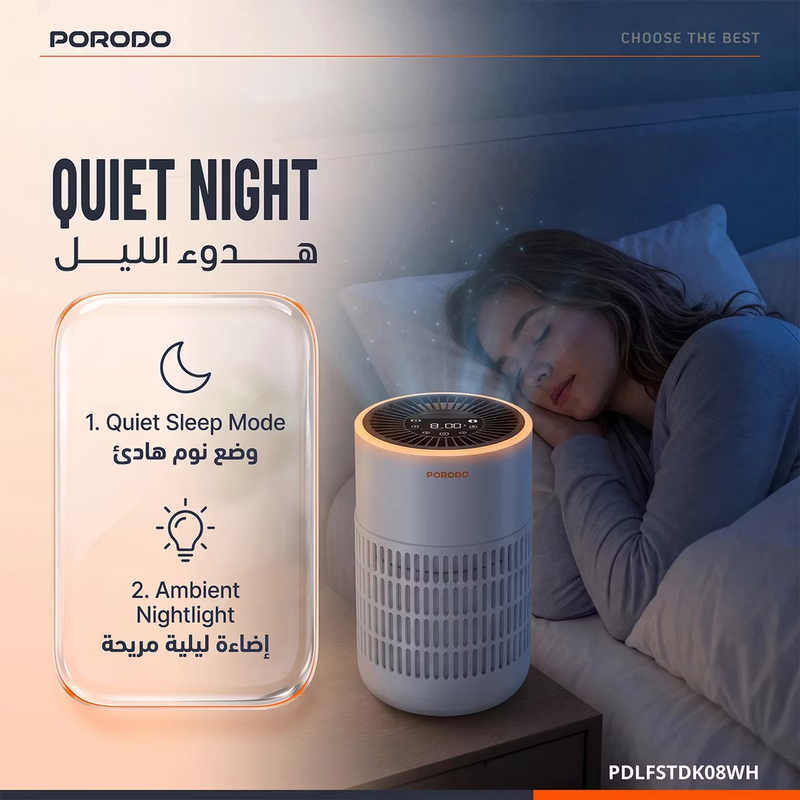 Porodo Lifestyle Air Purifier with H13 HEPA Filtration Remote Control & Essential Oil Diffuser - White