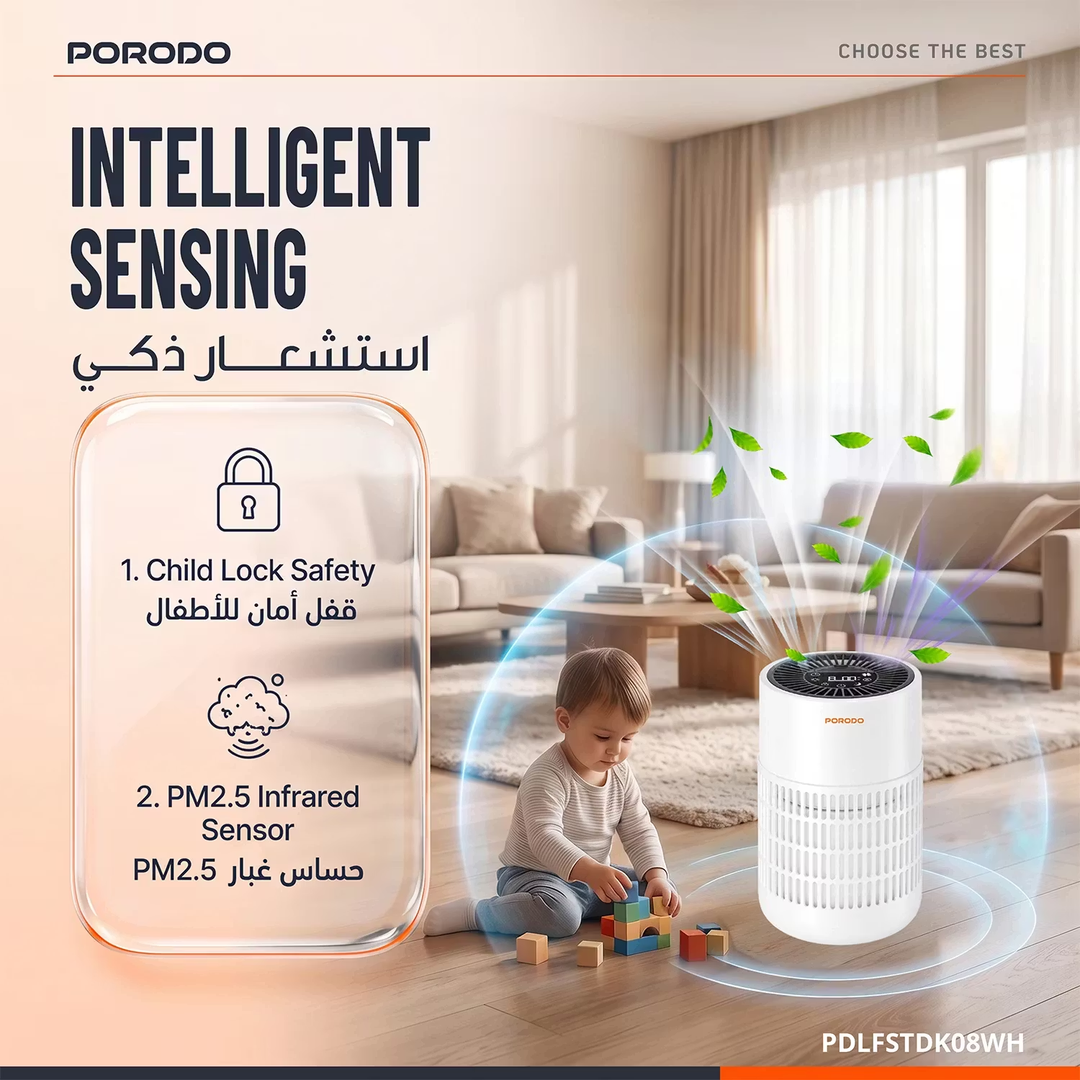 Porodo Lifestyle Air Purifier with H13 HEPA Filtration Remote Control & Essential Oil Diffuser - White