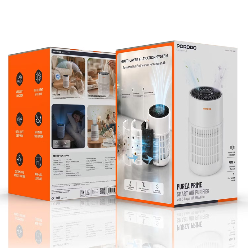 Porodo Lifestyle Air Purifier with H13 HEPA Filtration Remote Control & Essential Oil Diffuser - White