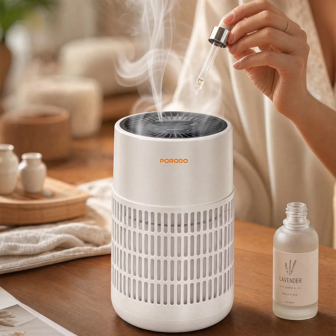 Porodo Lifestyle Air Purifier with H13 HEPA Filtration Remote Control & Essential Oil Diffuser - White