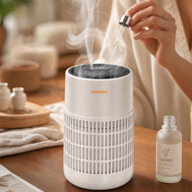 Porodo Lifestyle Air Purifier with H13 HEPA Filtration Remote Control & Essential Oil Diffuser - White