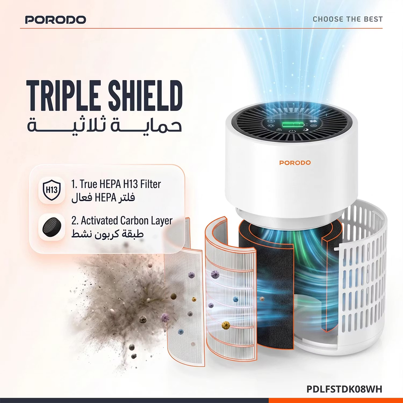 Porodo Lifestyle Air Purifier with H13 HEPA Filtration Remote Control & Essential Oil Diffuser - White