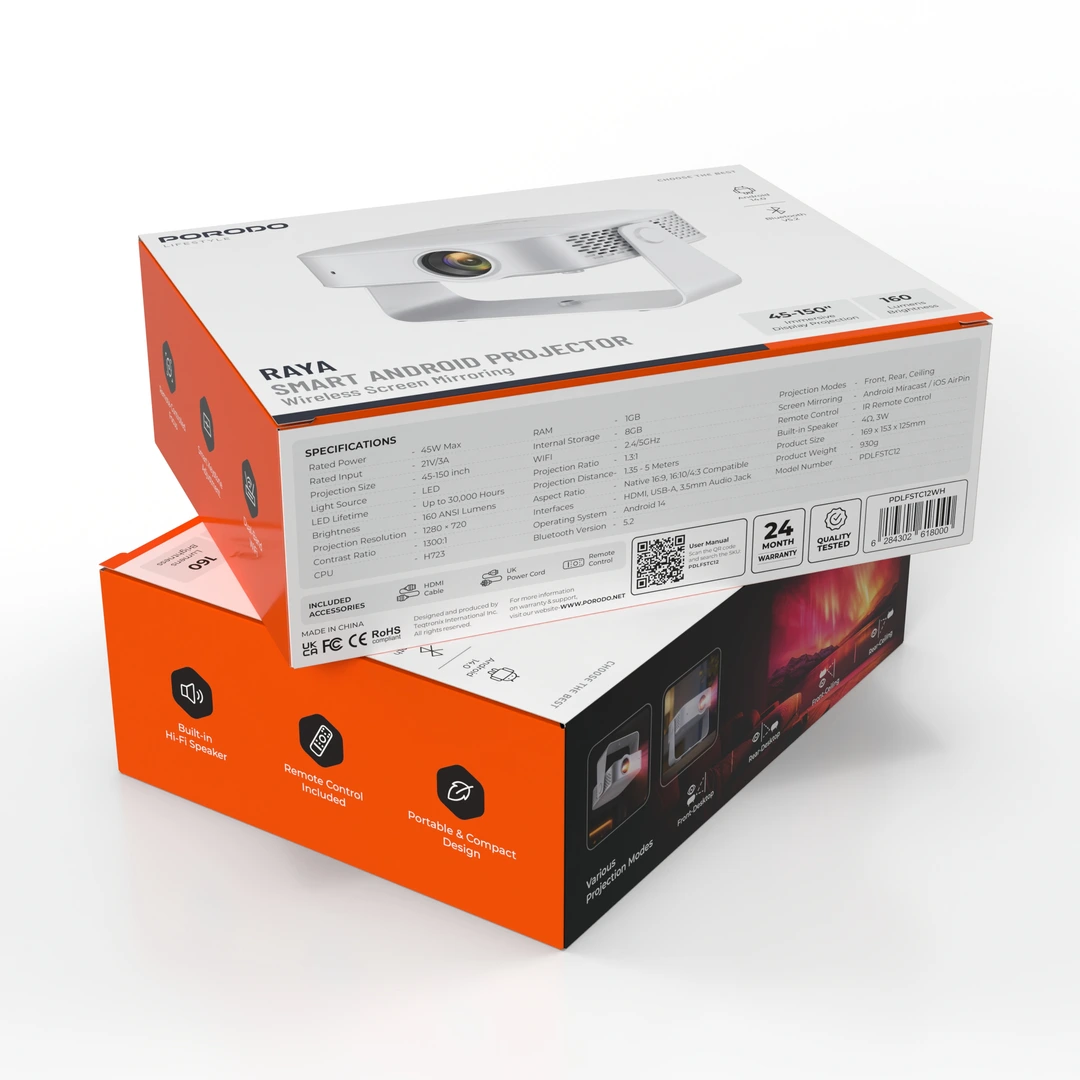 PORODO LIFESTYLE 150 LUMENS PROJECTOR WITH 1+8GB-WHITE