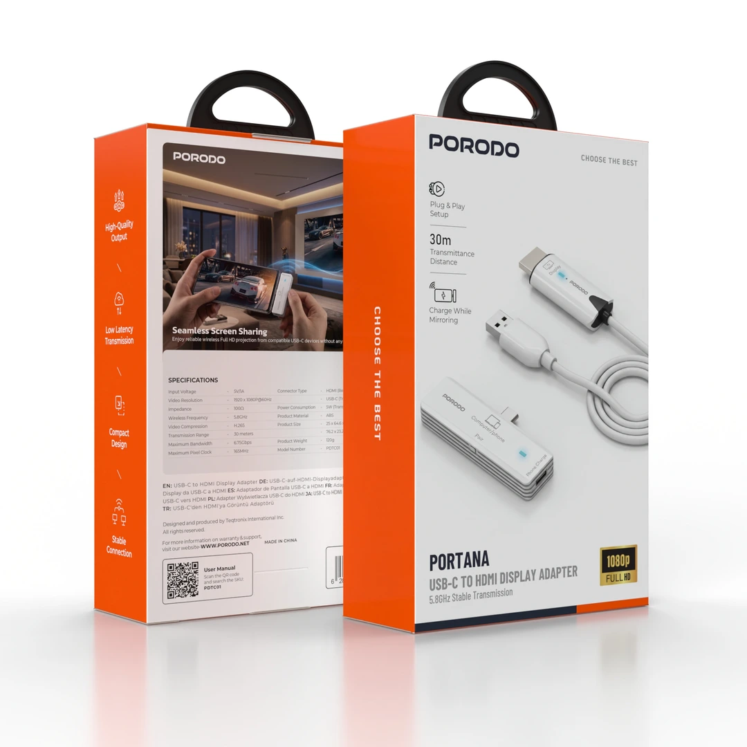 Porodo Wireless HDMI Receiver and Type C Transmitter - White