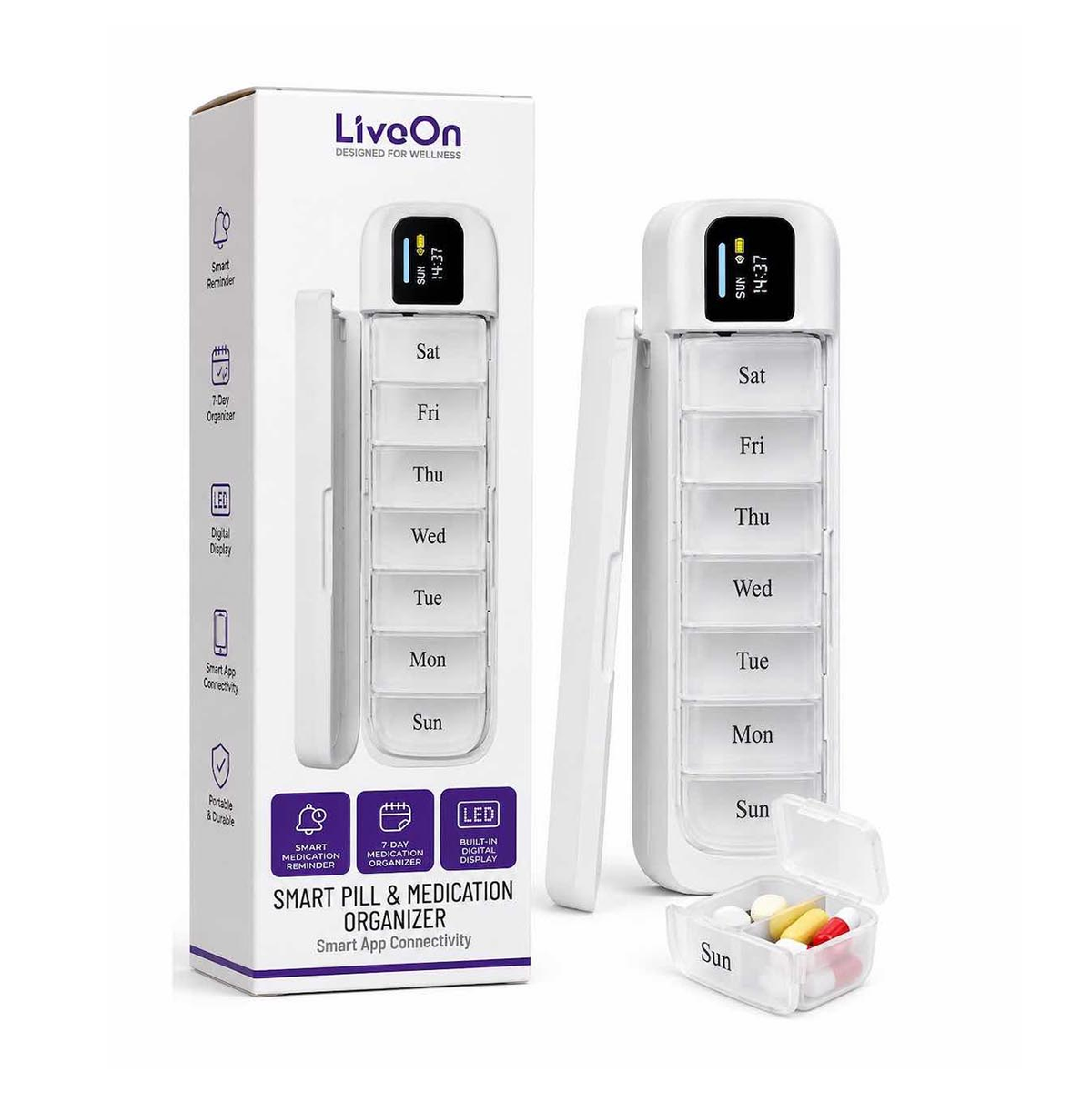 Porodo Liveon Portable Smart Pill Organizer with App and Alert - white LVONZ11AWH