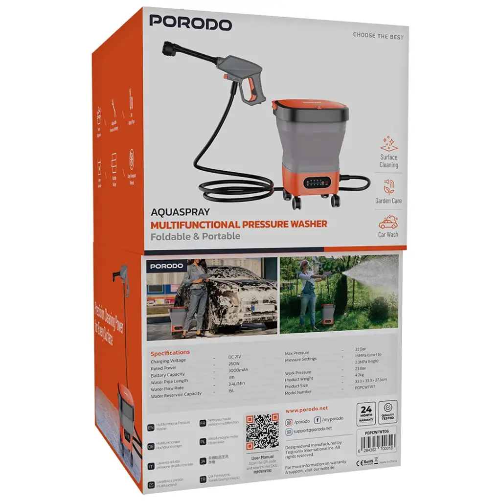 Porodo AquaSpray Portable Car Washer With Foldable15L Water Tank 260W - Orange