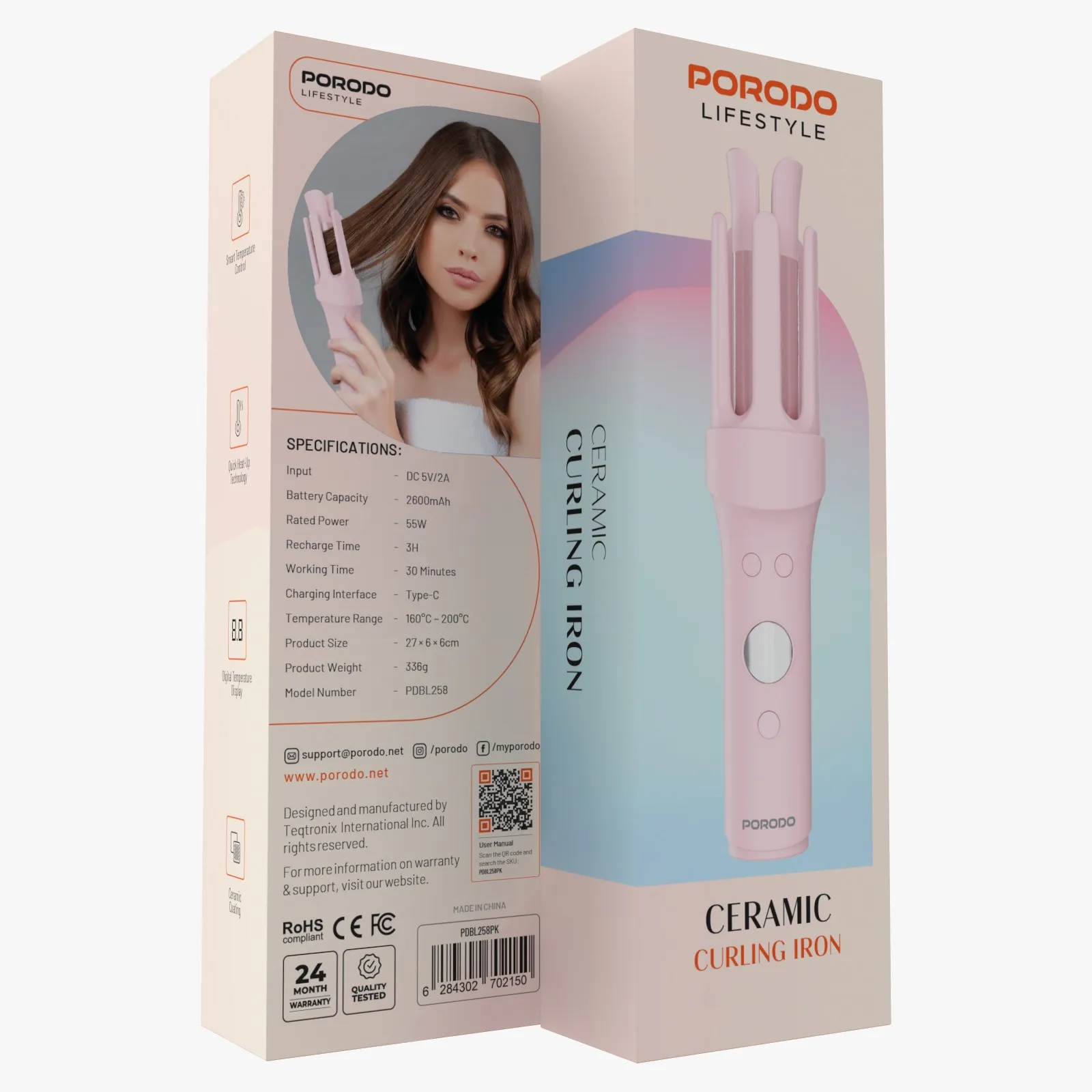 Porodo Ceramic Lifestyle 2600 mAh Portable Handheld Hair Curler