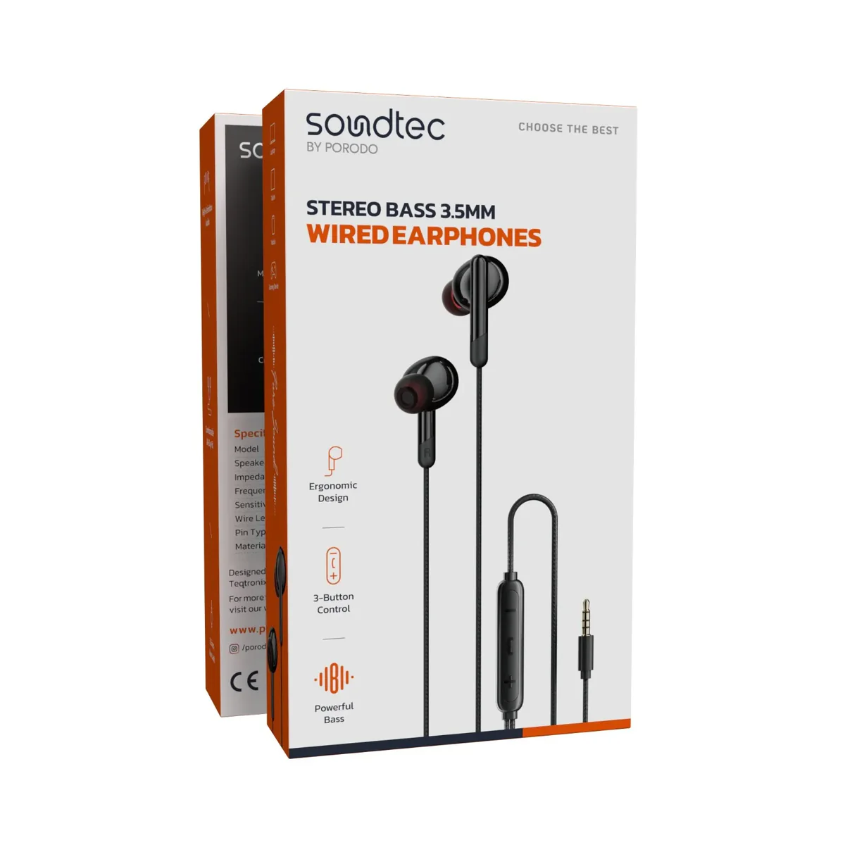 Porodo 3.5MM 3- Button Wired Earphone - Black