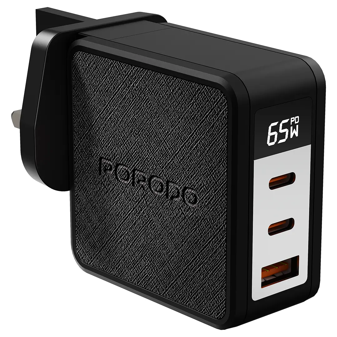 Porodo Quantum 65W C+C+A UK GaN Charger with Digital Screen - Black