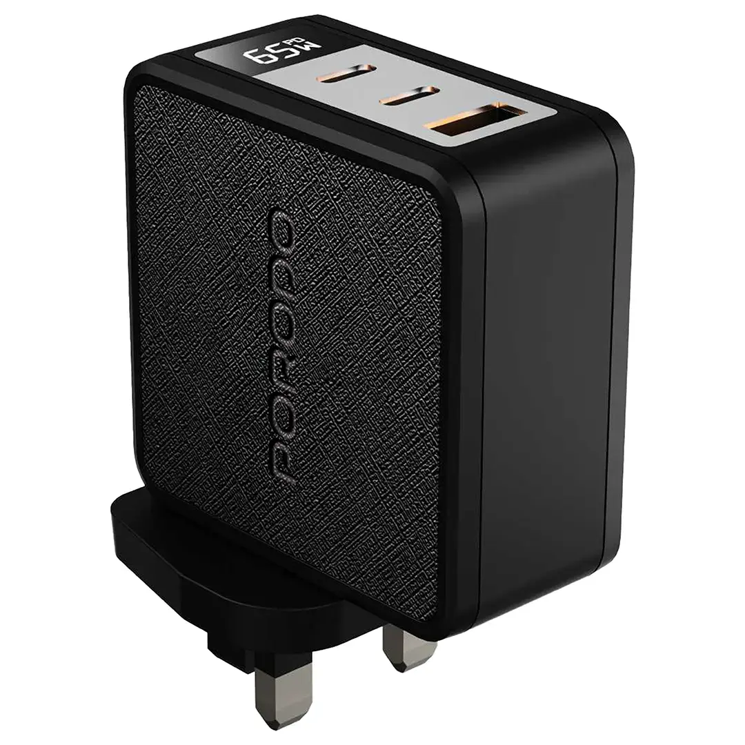 Porodo Quantum 65W C+C+A UK GaN Charger with Digital Screen - Black
