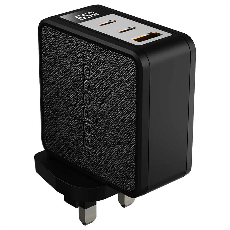 Porodo Quantum 65W C+C+A UK GaN Charger with Digital Screen - Black