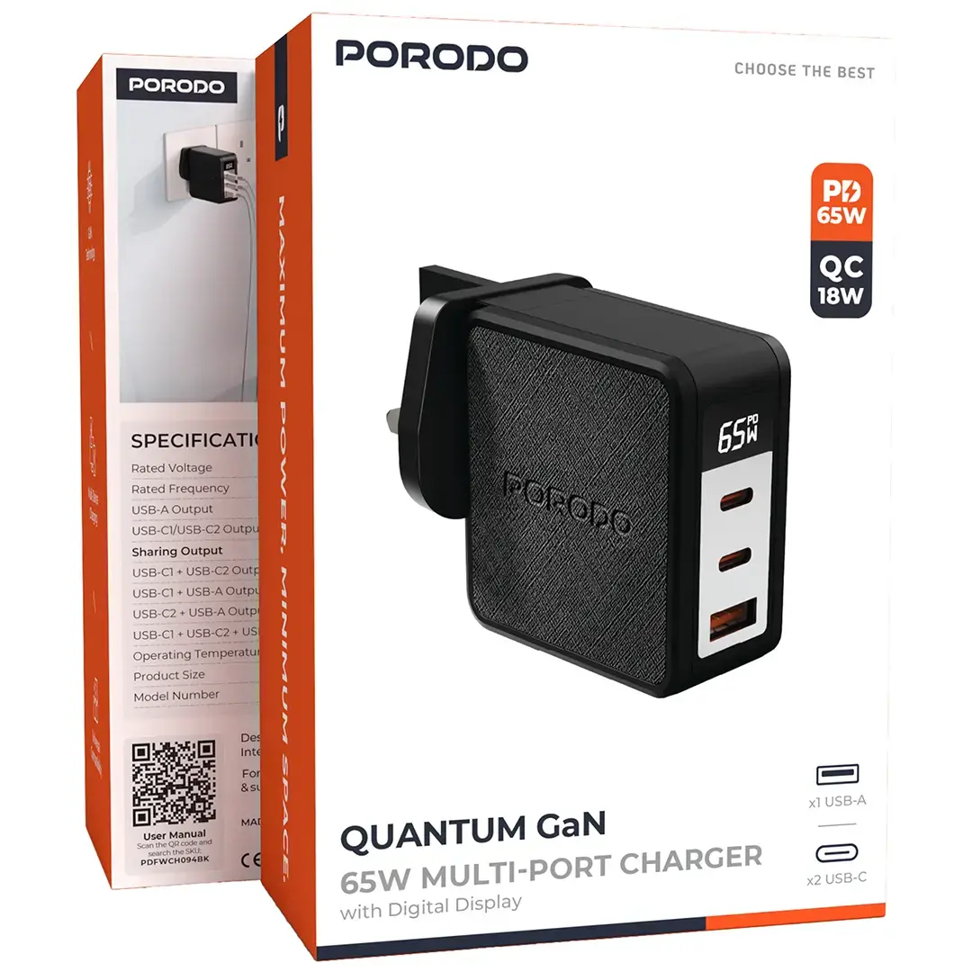 Porodo Quantum 65W C+C+A UK GaN Charger with Digital Screen - Black