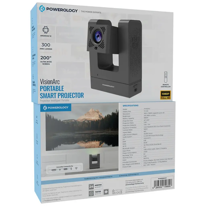 Powerology VisionArc 3" LCD 1920*1080P 300 ANSI Projector with Detachable Battery - Gray