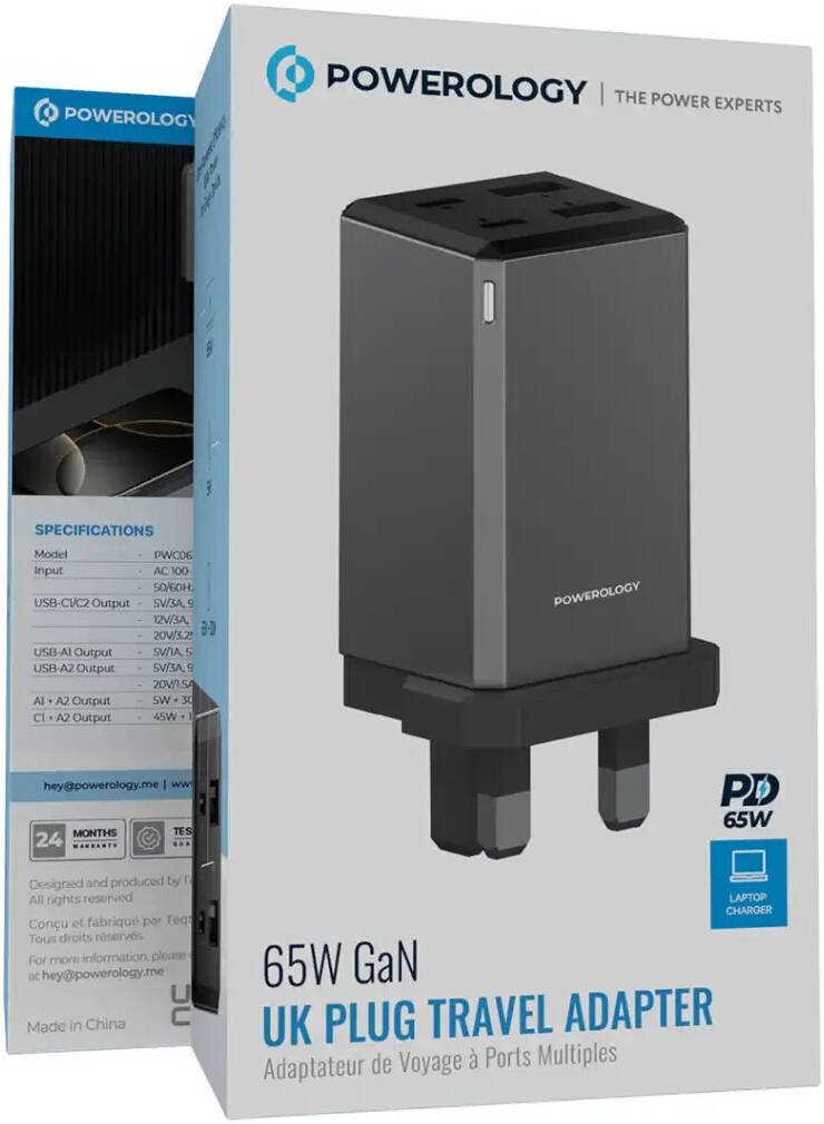 Powerology 65W Multiple Port UK GaN Adapter - Grey