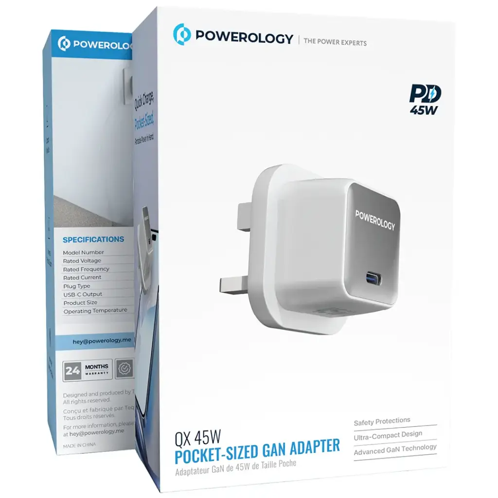Powerology QX 45W Single Port Type C UK GaN Adapter