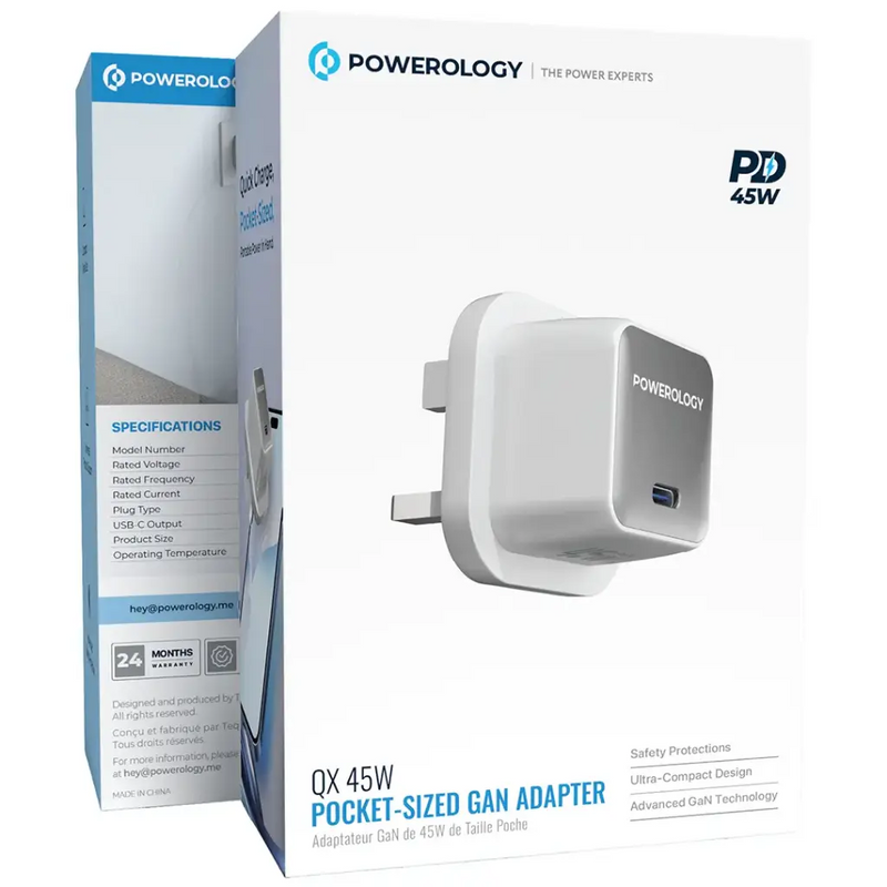 Powerology QX 45W Single Port Type C UK GaN Adapter