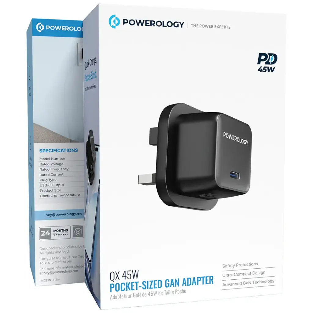 Powerology QX 45W Single Port Type C UK GaN Adapter