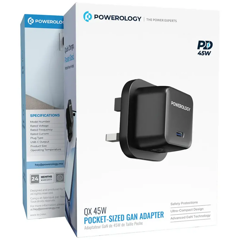 Powerology QX 45W Single Port Type C UK GaN Adapter
