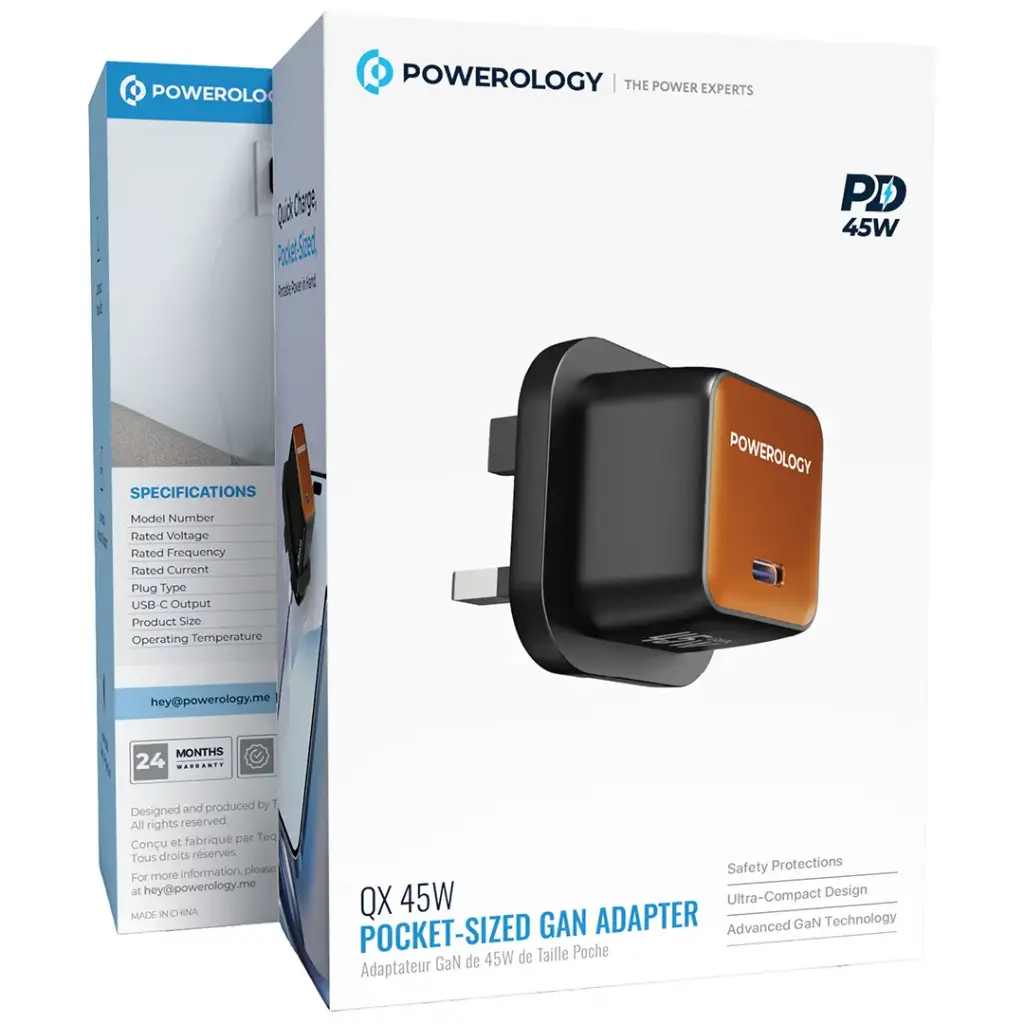 Powerology QX 45W Single Port Type C UK GaN Adapter