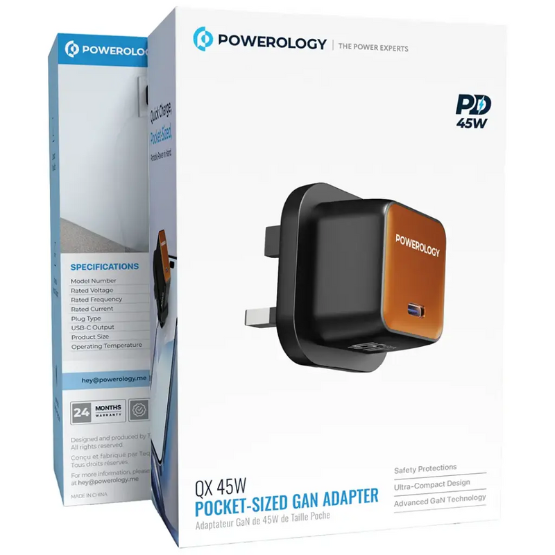 Powerology QX 45W Single Port Type C UK GaN Adapter