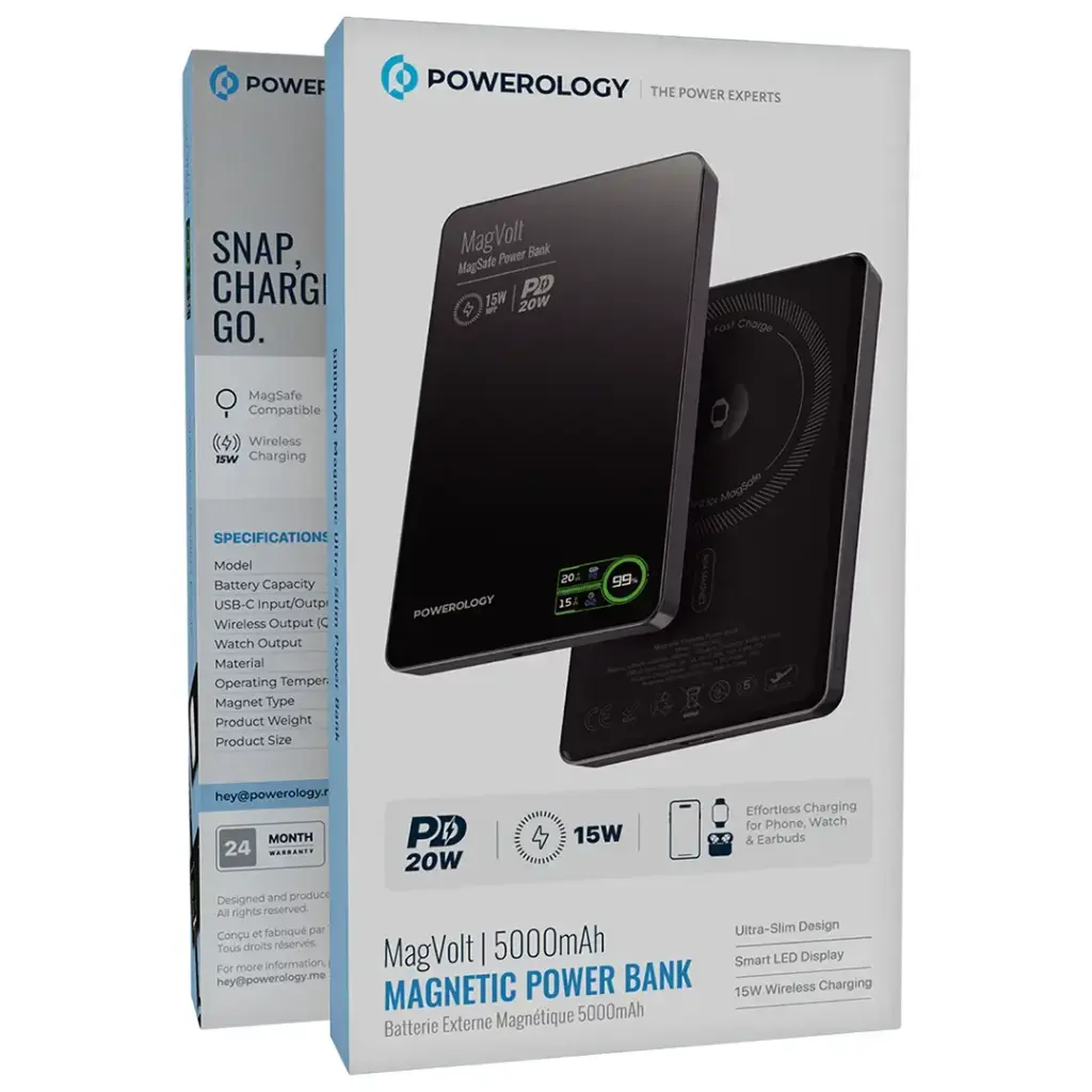 Powerology MegaVolt Powerbank 5000mAH TFT Display Ultra Slim Magnetic Wireless