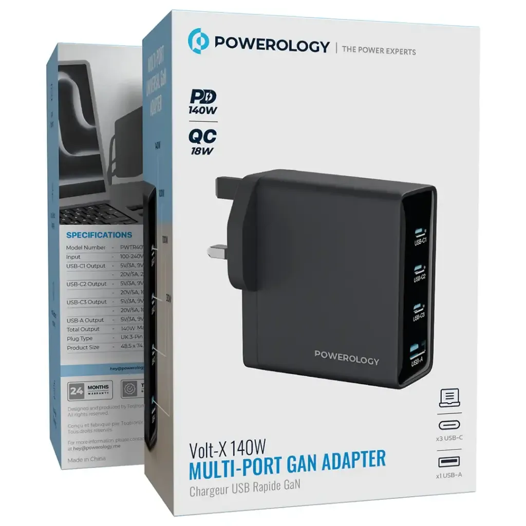 Powerology VoltX 140W GaN Fast Charger - 3*USB-C + 1*USB-A - Black