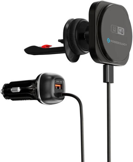 Powerology Nexara Car Charger With a Builtin Magnetic Phone Holder - Black