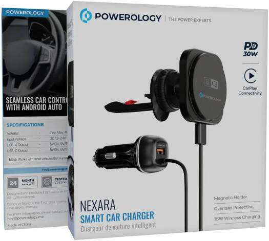 Powerology Nexara Car Charger With a Builtin Magnetic Phone Holder - Black