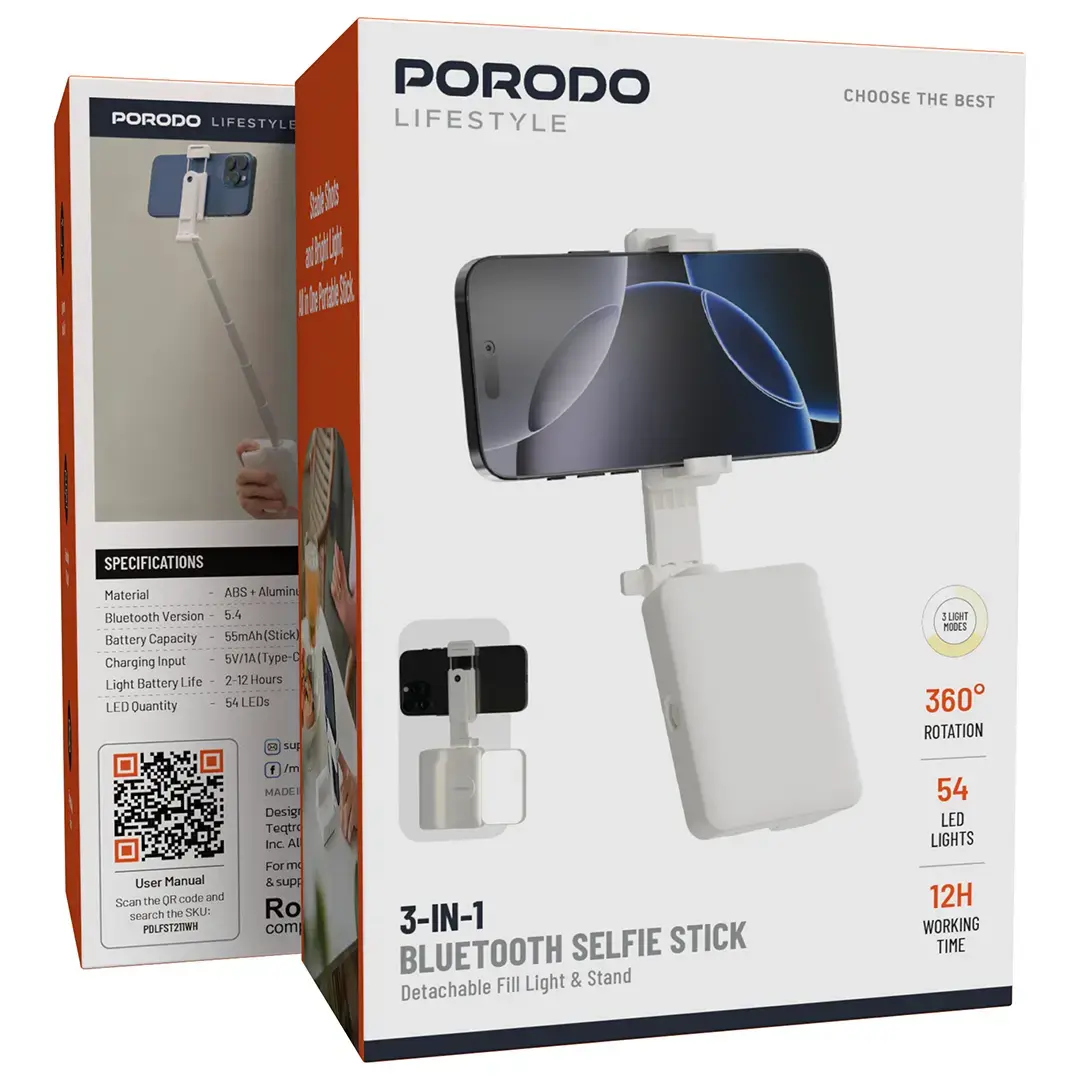 Porodo Selfie Stick with Bluetooth and Fill Light 650mAh