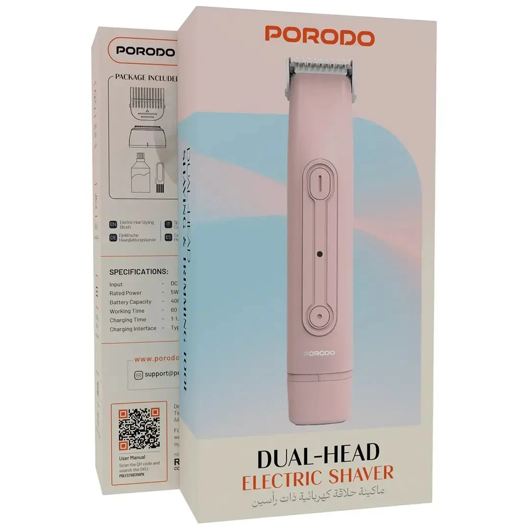 Porodo Electric Shaver PDLFSTHD706PK - Dual-Head, USB-C Fast Charge, Pink
