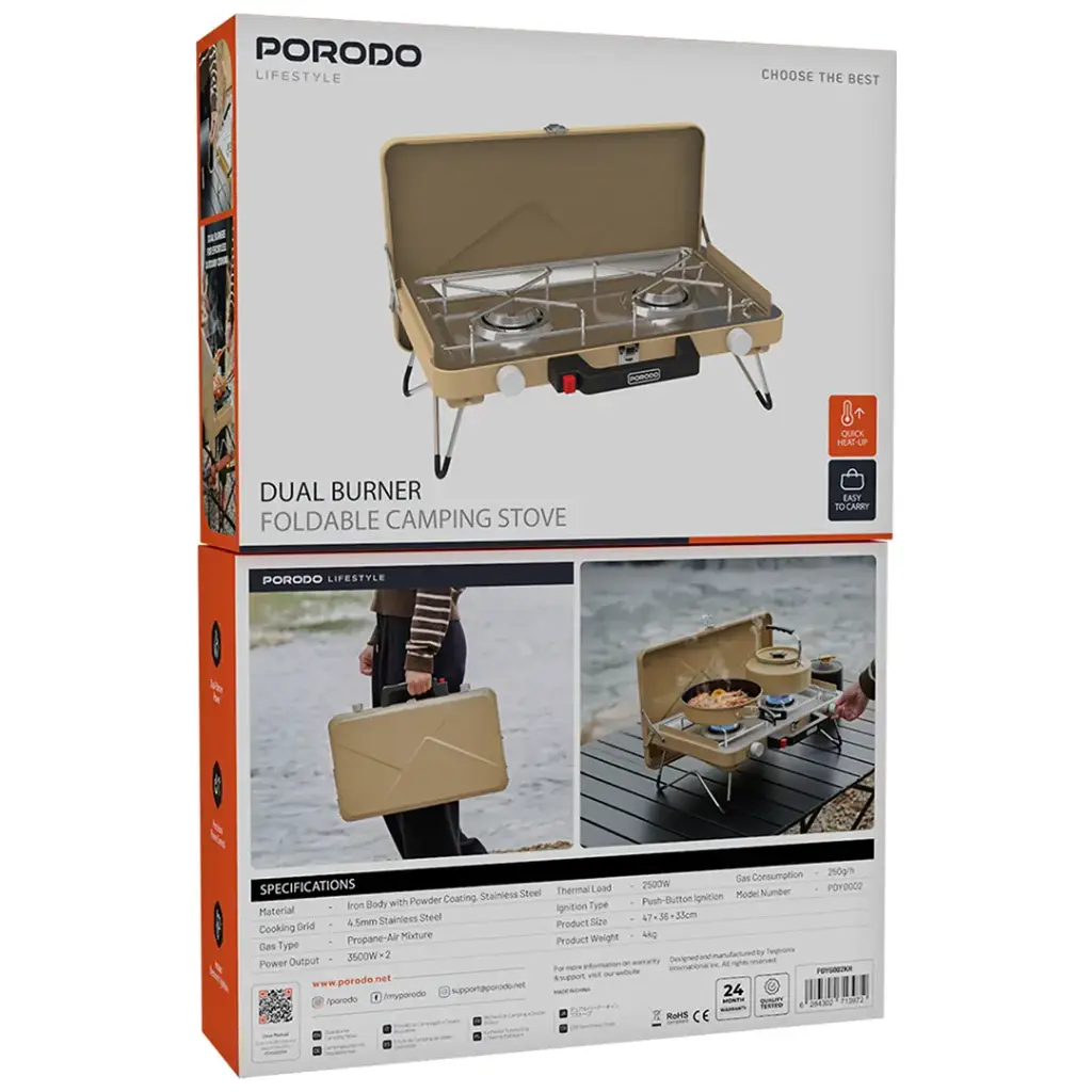 Porodo Lifestyle Portable Camping Stove with Dual Burner - Khaki
