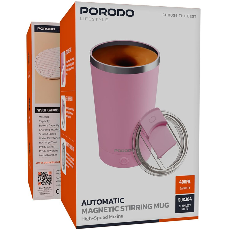 Porodo Detachable Self Stirring Mug Double Wall Stainless Steel 400ml  (PINK)