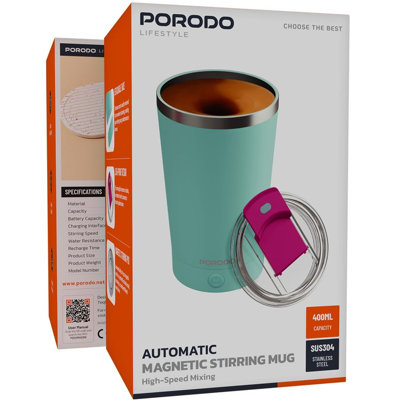 Porodo Detachable Self Stirring Mug Double Wall Stainless Steel 400ml  (Blue)