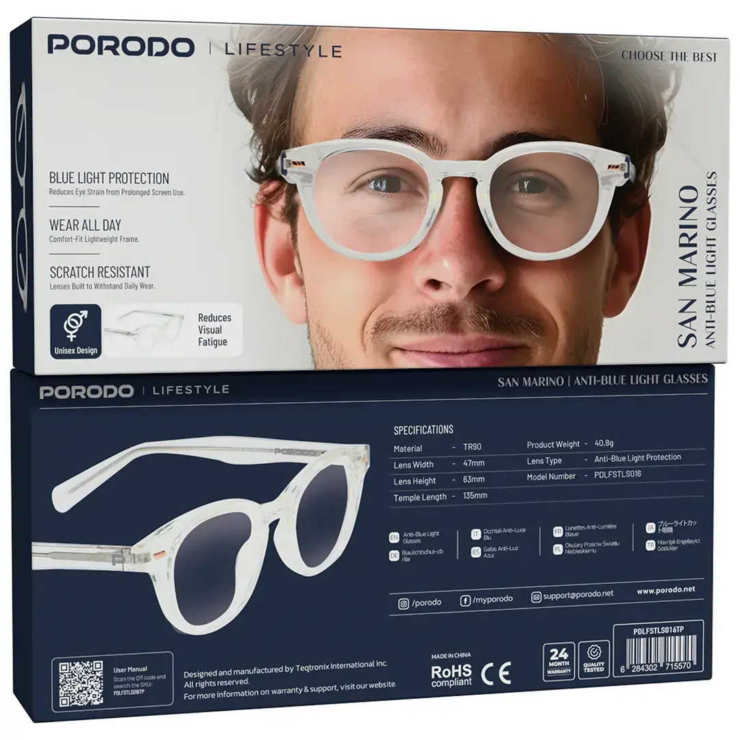 Porodo San Marino Lifestyle Retro Inspired Round Frame Anti Blue Light Glass Transparent
