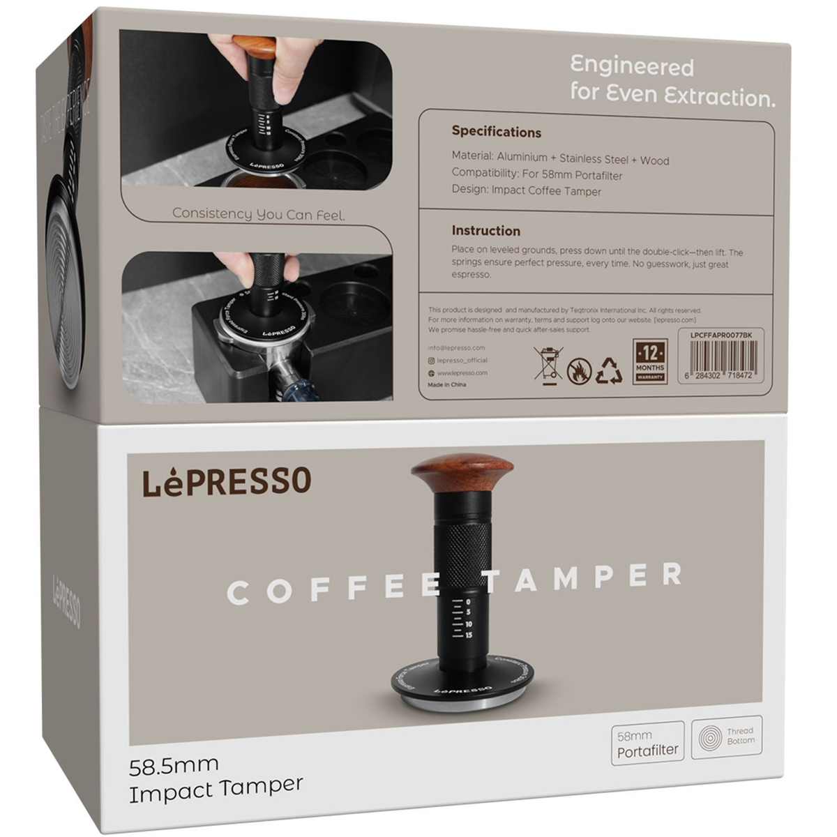 LePresso Auto Pressure Release 58mm Tamper with Thread Base - Black
