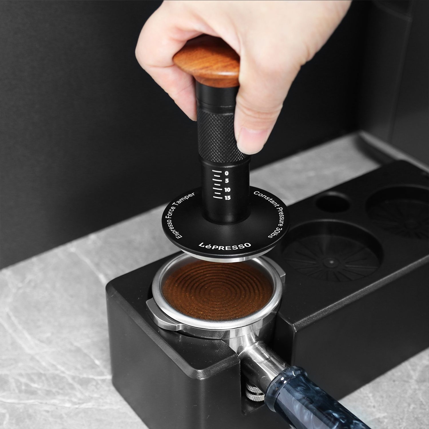 LePresso Auto Pressure Release 58mm Tamper with Thread Base - Black